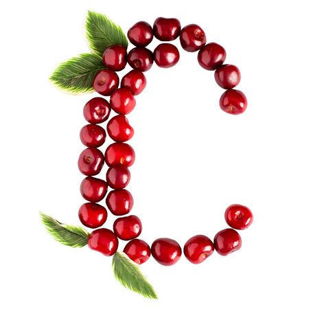One English letter C Alphabet of ripe cherries. Isolate on white background. Summer, healthy concept. Juicy berries.の写真素材