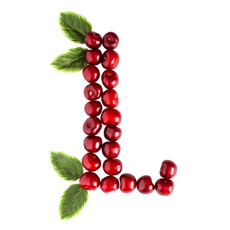 One English letter L Alphabet of ripe cherries. Isolate on white background. Summer, healthy concept. Juicy berries.の写真素材