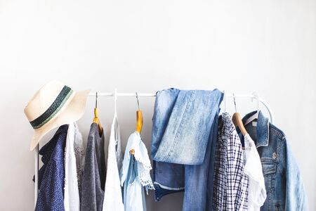 Clothes on Open Cloth Concept has nothing to wear Choosing clothes Denim dress Hatの写真素材
