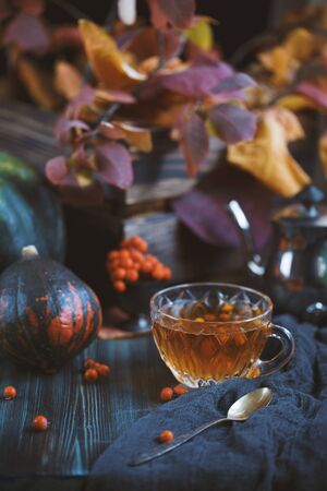 autumn concept. Cup with warm tea on a table on a background of orange leaves and pumpkins. Cozy, home conceptの写真素材