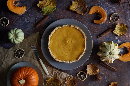Pumpkin pie with cinnamon and vanilla on a plate. Autumn cozy concept. Dark background.の写真素材