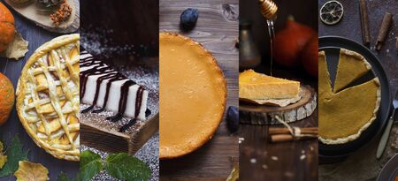 Collage of cheesecake photos. Traditional Cheese Pie.の写真素材