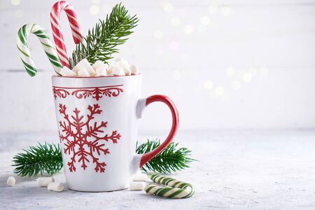 Christmas cup with sugar marshmallows and candy . Fir branches on light background Copy spaceの写真素材