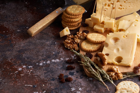 Pieces of cheese, nuts, raisins, snacks for wine on a wooden background. Appetitive Copy space
