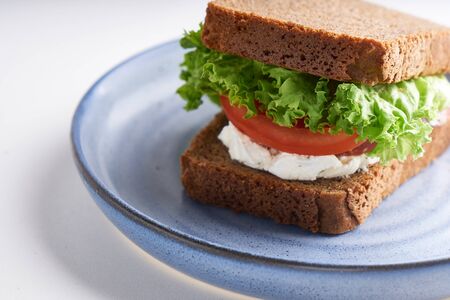 healthy sandwich with gluten-free bread, tomato, lettuce served in plate on white backgroundの写真素材