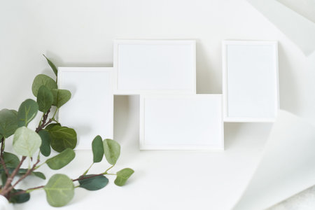 White mock up poster .Home decor, interior with frame and plant Copy space
