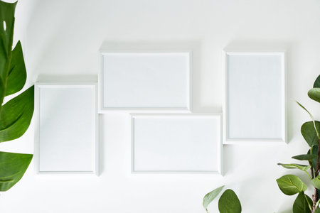 White mock up poster .Home decor, interior with frame and plant Copy spaceの写真素材
