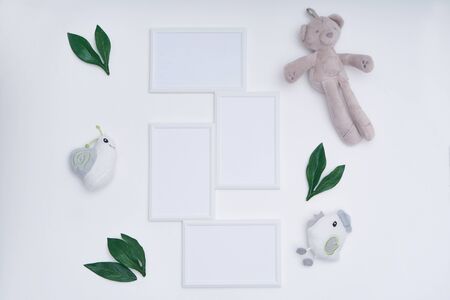 White mock up frame and toys on white background Child conceptの写真素材