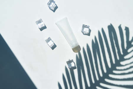 Cosmetic bubble and ice on a background of beautiful palm shadows. Mock upの写真素材