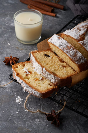 Homemade English sponge cake, cake served on gray background Copyspace
