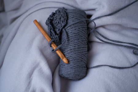 closeup of knitting yarn and crochet hook. Handworkの写真素材