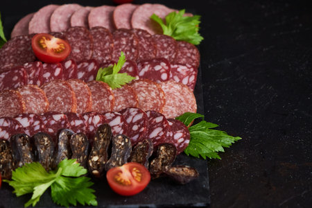 Assorted sliced sausages of different flavors. Served on a black board tray, with herbs and cherry...