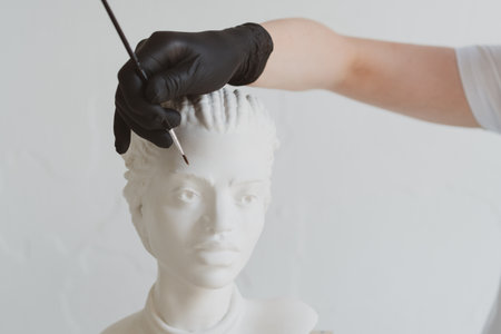 Make-up master, make-up artist, beautician applies a make-up brush to a plaster headの写真素材