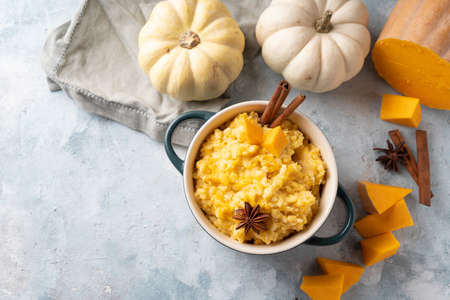 rice porridge with pumpkin cooked with vanilla and spices.の写真素材