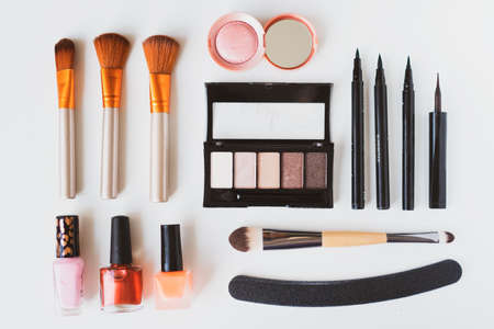 Makeup artist's desktop, top view. Layout of decorative cosmeticsの写真素材