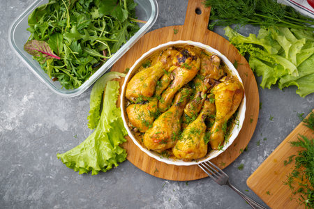 Fried tasty chicken drumstick served in white bawl with spices, salad and turmeric