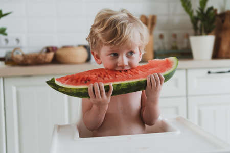 Adorable little boy eating juicy watermelon while sitting at the childrens tableの写真素材