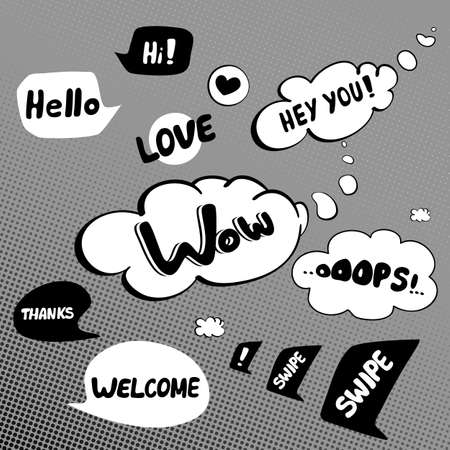 Speech bubbles with different expressions on grey halftone backgroundのイラスト素材