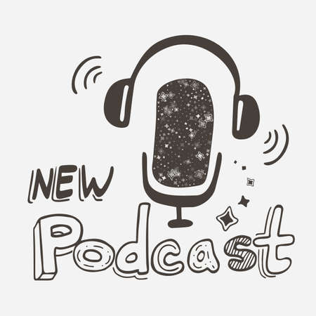 Podcast flat vector illustration. Cartoon microphone with headphones.のイラスト素材