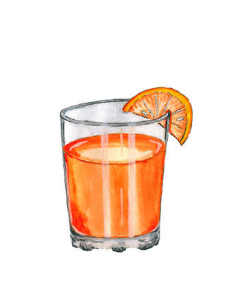 Watercolor hand drawn food sketch. Orange juice for healthy nutrition isolated on white background.の写真素材