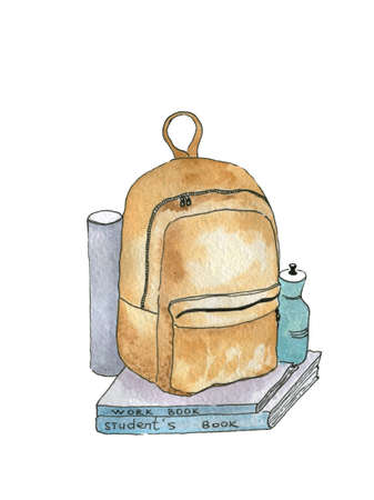 Watercolor school backpack with tools and books isolated on white background. Stock image.の写真素材