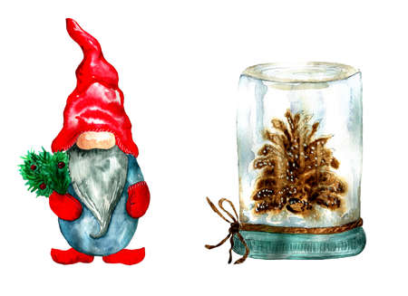 Watercolor set of holiday decorative elements for celebrate new year and christmas isolated on white. Gnome and pine cone in bank.の写真素材