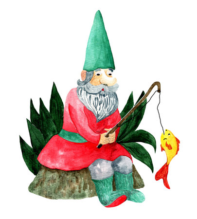 Watercolor garden gnome in green cap and red clothes sitting with rod in hands. Gnome fishing illustration.の写真素材