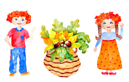 Watercolor cute cartoon blue eyes girl and boy with big basket of autumn leaves and mushrooms isolated on white background.の写真素材