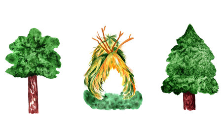 Watercolor collection of hand drawn evergreen pine trees and forest hut or tree house isolated on...