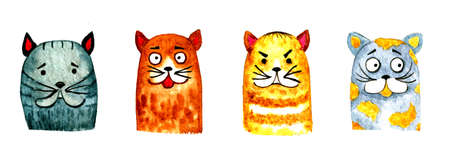 Watercolor funny cartoon cats portraits isolated on white. Cat emotions set.の写真素材