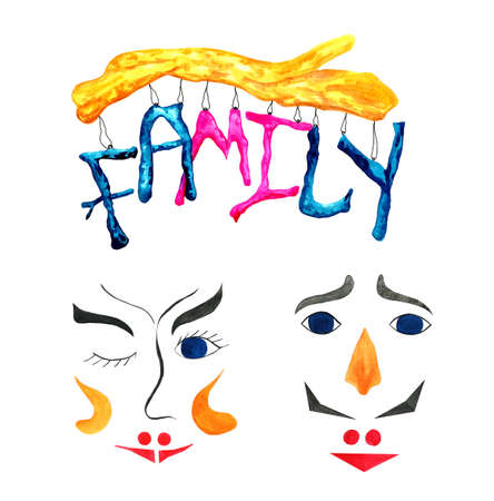 Family conceptual illustration. Abstract human faces as home decoration isolated on white.の写真素材