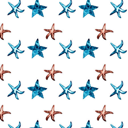 Watercolor brown and blue starfish summer background. Marine life, aquatic seamless pattern on white.の写真素材