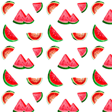 Watercolor seamless pattern with fresh ripe sweet watermelon slices on white backdrop.
