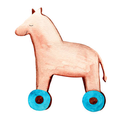 Watercolor wooden rocking horse toy on wheels isolated on whiteの写真素材