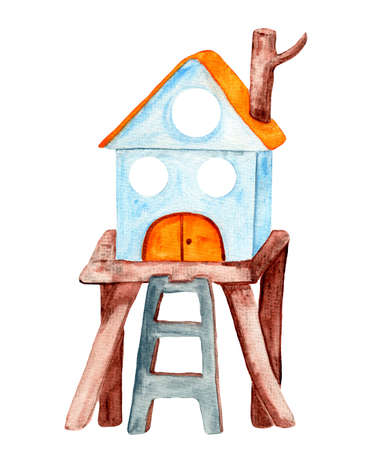 Watercolor wooden cartoon tree house with stairs. Cute house for kids playground.の写真素材