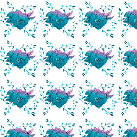 Watercolor seamless floral pattern with turquoise blue blooming flowers and leaves on branches.の写真素材