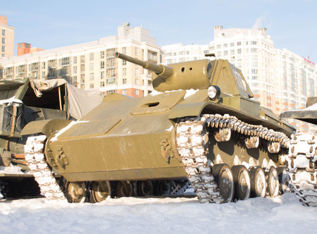 vintage old tank on snow in winter