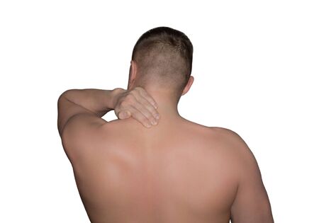 neck pain. man holding his hand on a white backgroundの写真素材