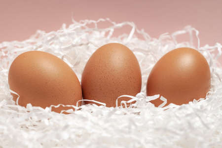 Three brown eggs on white cut paper nest with pink horizontal backgroundの写真素材