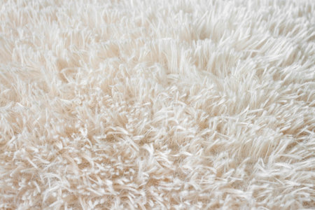 Fluffy long pile soft woolen light beige carpet macroの写真素材