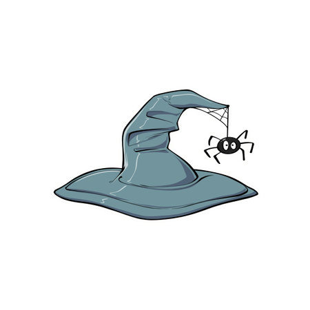 Blue witch hat with little cute spider and web isolated on white background macroの写真素材