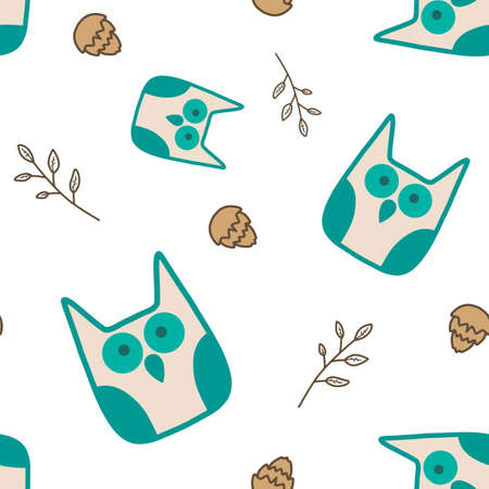 Green-Blue simple drawing owls with cones and branches isolated seamless patternの写真素材