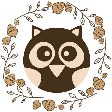 Brown simple drawing owl with frame cones and branches isolated patternの写真素材
