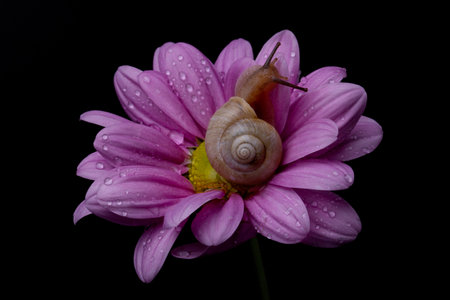 Garden grape snail on a pink chrysanthemum flower on a sky blue background. For the poster.の写真素材