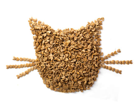 Dry cat food laid out in the form of a cat's muzzle on a white background.の写真素材