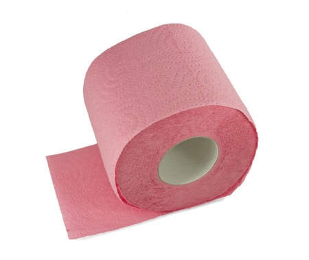pink toilet paper isolated on white backgroundの写真素材