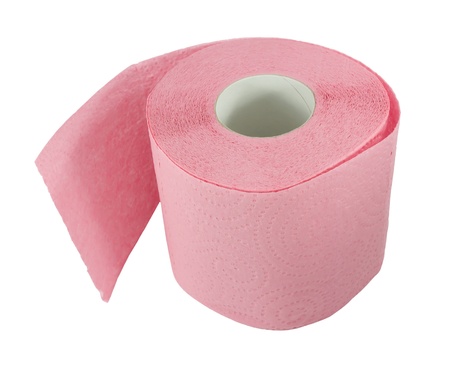 pink toilet paper isolated on white backgroundの写真素材