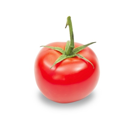 red ripe tomato with green handle isolated on white backgroundの写真素材