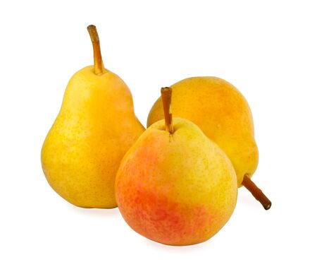 three  ripe red and yellow pear on white backgroundの写真素材