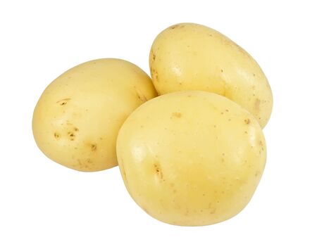 three raw potatoes on a white backgroundの写真素材